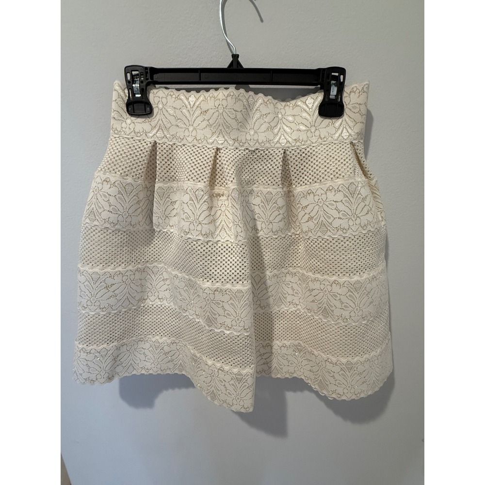Choklate Paris Lace Shimmer Mini Skirt Cream Gold Tiered Pleated Large
